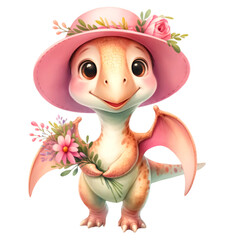 Naklejka premium Watercolor illustration of a cute dinosaur character wearing a cute hat and holding a beautiful flower bouquet.