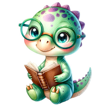 Watercolor illustration of a cute dinosaur character wearing glasses and reading a book.