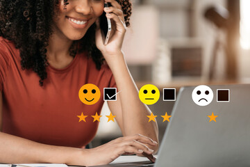 Happy Client customer experience concept. Woman recording phone inquiry with checkboxes, smiling face rating excellent for satisfaction survey. - obrazy, fototapety, plakaty