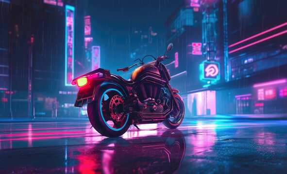 Nightride in the style of retrowave, purple pink colors