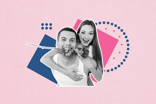 Creative collage picture portrait black white filter happy smile enjoy young couple piggyback hug present rose unusual colorful background