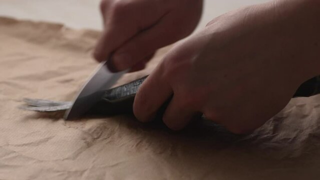 Chef Scaling Fish with Knife. Close-up, shallow dof.