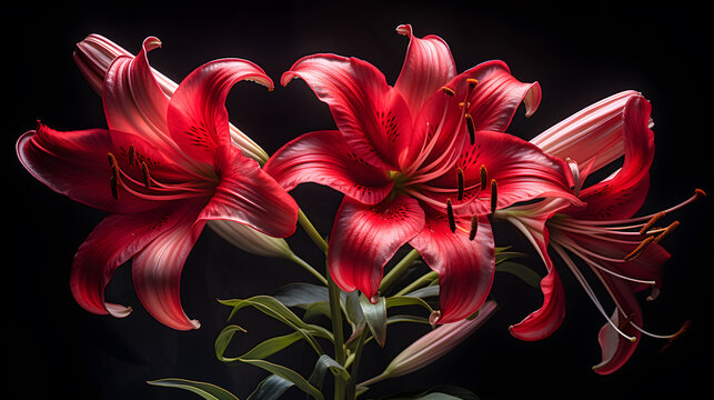 Beautiful red lily flower Beautiful light shines, close-up. Macro Photography. The selected sharpness, on a black background. - Powered by Adobe