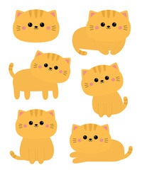 Cat set. Different poses. Laying, standing, sitting red kitten. Cartoon kawaii funny baby character. Cute face, paw print. Kids collection. Sticker print. Flat design. White background