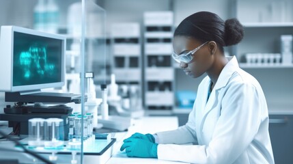 A woman in a lab coat is working on a computer. An african tech, phd student or young scientist...