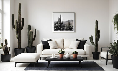 Trendy white living room with modern decoration, simple home decor. Room with black furniture, frame, cactus and some plants.