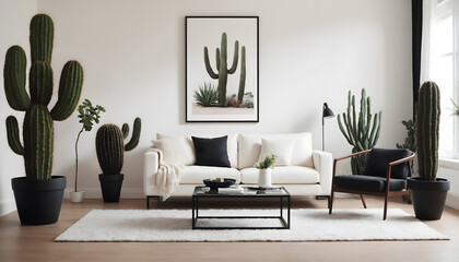 Trendy white living room with modern decoration, simple home decor. Room with black furniture, frame, cactus and some plants.