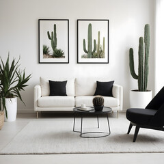 Trendy white living room with modern decoration, simple home decor. Room with black furniture, frame, cactus and some plants.