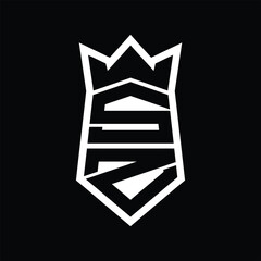 SZ Letter Logo monogram hexagon shield shape up and down with crown isolated style design