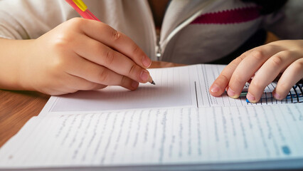 Close nas mãos de uma criança que está a escrever em um caderno. Conceito de volta às aulas. - obrazy, fototapety, plakaty