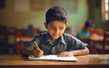 indian little schoolboy sitting and writing