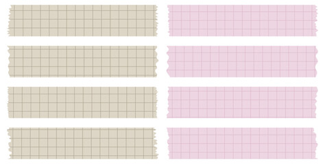 Set of paper sheets. Pieces of decorative tape for scrapbooks. Washi tapes collection in vector. Ripped paper. Torn pieces of paper from a notebook in a cell. Colorful ribbons. Brown and pink - obrazy, fototapety, plakaty