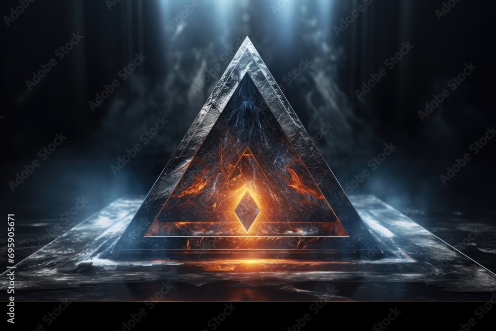 Poster a triangle with a glowing light inside of it. mystical pyramid, a structure associated with supernat