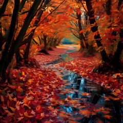 Autumn leaves forming a vibrant carpet in an enchanted forest.