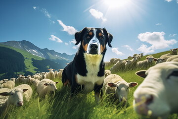 Alert dog of swiss mountain dog or sennenhund breed grazing  and guarding a flock of sheep at highlands pasture. - obrazy, fototapety, plakaty