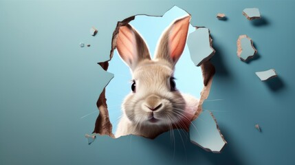 A rabbit peeks out of a hole in cyan colored wall. Funny surreal Easter background.