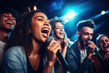 a group of diverse young friends singing at a karaoke party in a night club, laughing and having fun together - obrazy, fototapety, plakaty