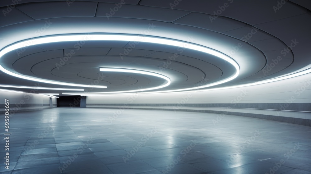 Aufkleber a room with a circular ceiling and a tiled floor. futuristic parking lot, illuminated space with col