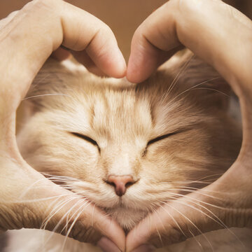 hands form a heart through which a cute cat looks