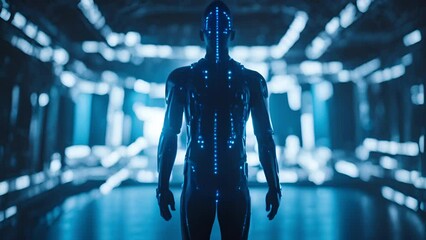 Digital human figure in a dark abstract cyber space with blue lights shining through his body. Concept hologram technology. Points, plexus, polygons, binary code connections. 4k loop render graphics - Powered by Adobe