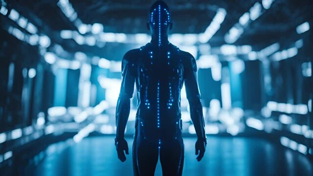 Digital human figure in a dark abstract cyber space with blue lights shining through his body. Concept hologram technology. Points, plexus, polygons, binary code connections. 4k loop render graphics