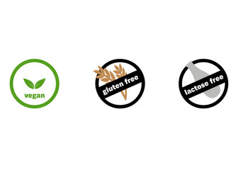 gluten free, vegan, lactose free labels healthy foods badges vector set 