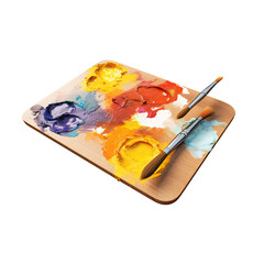 Obraz premium A colorful palette of paint with paintbrushes isolated background