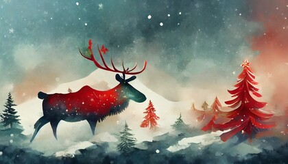 Obraz na płótnie Canvas Christmass concept painting with green, white and red colorsi reindeer and caribbou, pine tree, snowy weather