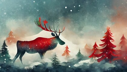 Christmass concept painting with green, white and red colorsi reindeer and caribbou, pine tree, snowy weather