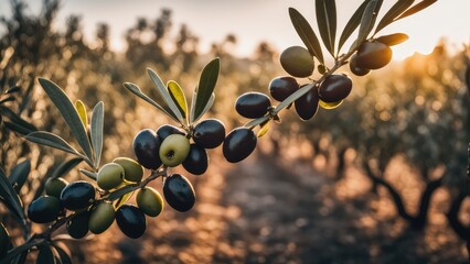 Olives grow on a tree at dawn