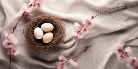 Fototapeta na wymiar Two eggs in a nest with pink flowers. Easter background, monochromatic beige and pink color shades