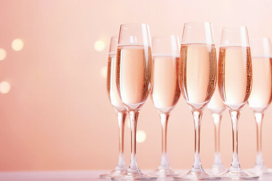 row of champagne glass flutes with bubbles, festive, peach fuzz bokeh for New Year or wedding reception