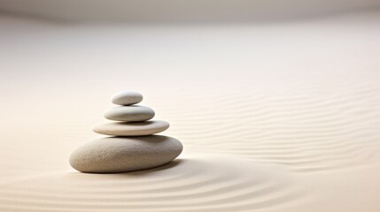 A stack of rocks sitting on top of a sandy beach. Zen pyramid, stack of pebbles on sand with wind patterns, calm neutral background.