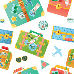 Fototapeta premium Bright pattern of suitcases. Personal baggage. Hand luggage. Travel bag. Things for vacation. Seamless pattern vector illustration