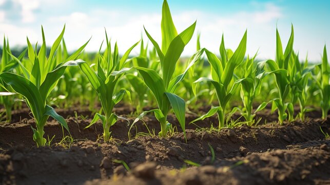 rows of young corn plants growing on the field, agricultural concept