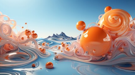 A playful cartoon scene of bright orange balls bouncing amidst a sea of serene white waves, evoking a sense of cheerful energy and tranquil beauty