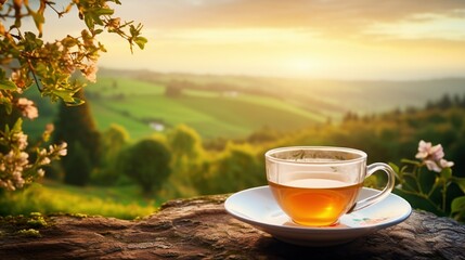 A steaming cup of tea on a dainty saucer, set against a blurred field of wildflowers and rolling hills - obrazy, fototapety, plakaty