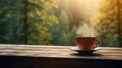 A steaming cup of tea delicately placed on a rustic wooden table, with a serene blurred forest background - obrazy, fototapety, plakaty