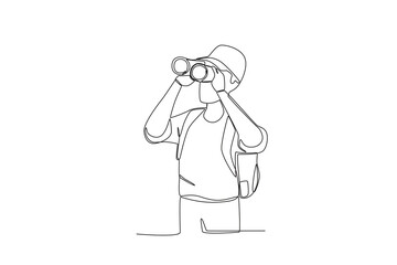 One continuous line drawing of Male tourists using binoculars. Hospital health care concept single line draw design vector illustration
