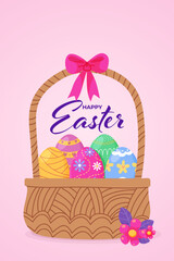 Happy Easter Basket with Easter Eggs. Vector Illustration