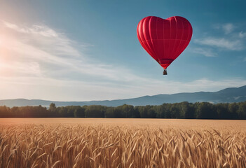 Heart-shaped red hot air balloon flying in the sky, Valentine's Day concept.