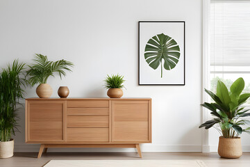 Lamp and poster in white empty living room interior with plants and wooden cabinet.
