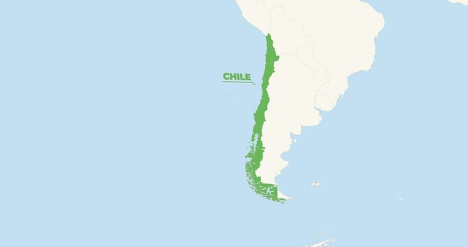 World Map Zoom In To Chile. Animation in 4K Video. Green Chile Territory On Blue and White World Map