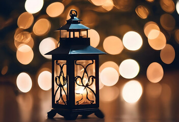 Old Christmas lantern with candle, bokeh lights in the background.