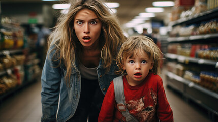 Mom and son are surprised at the store.