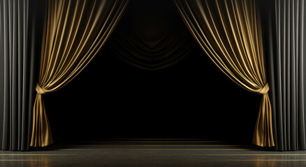 Elegant Stage with Golden Curtains. A sophisticated theater stage with opulent gold drapes against dark background, ready for a premiere performance - obrazy, fototapety, plakaty