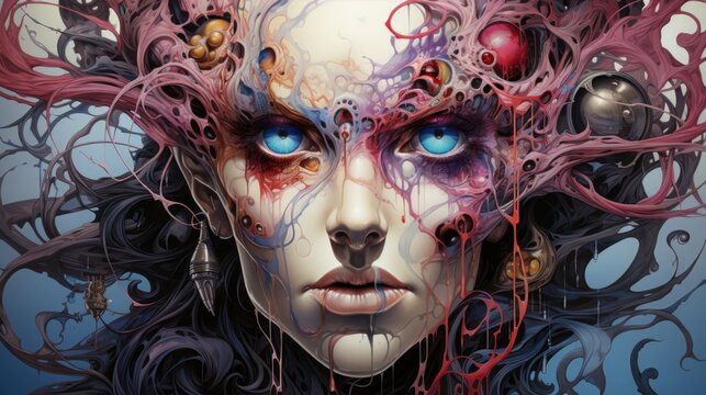 A vibrant masquerade dancer adorned in intricate face paint and elaborate clothing exudes a playful and captivating energy through her artful mask