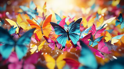 a ballet of colorful butterflies made from paper. 3d wallpaper background