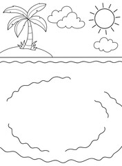Sea, water, palm tree, sun. Beach. Background, coloring page, black and white vector illustration.