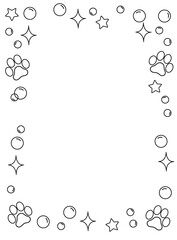 A frame made of soap bubbles, stars and dog paw prints. Background, coloring page, black and white vector illustration.